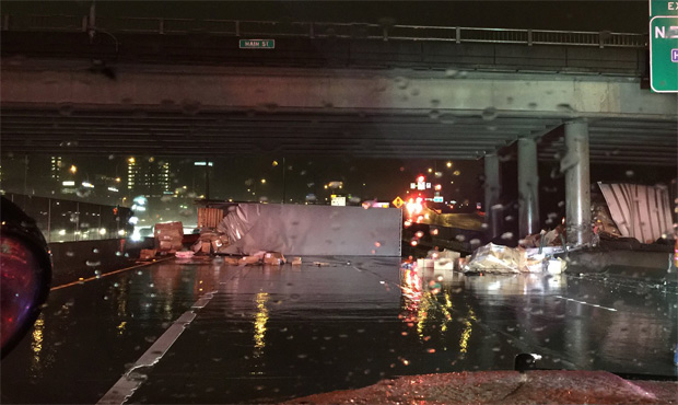 An overturned semi blocked all lanes on I-405 North in Bellevue Wednesday morning. (WSP Trooper Ric...