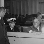 FDR with (L-R) son-in-law John Boettiger and Vice Admiral C.E. Freeman depart Bremerton for Seattle aboard a ferryboat on September 22, 1942.  (Courtesy FDR Library and Museum. )