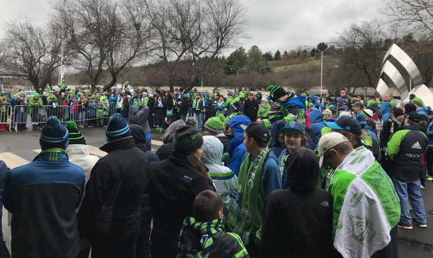 Sounders fans are at Boeing Field to congratulate their championship team. (Jason Rantz, KIRO Radio...