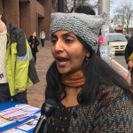 Seattle City Councilmember Kshama Sawant is seen protesting on Friday after Donald Trump's inauguration. (Mike Lewis, KIRO Radio)