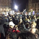 A large crowd demonstrated outside Kane Hall on UW campus Friday night. (Josh Kerns, KIRO Radio.)