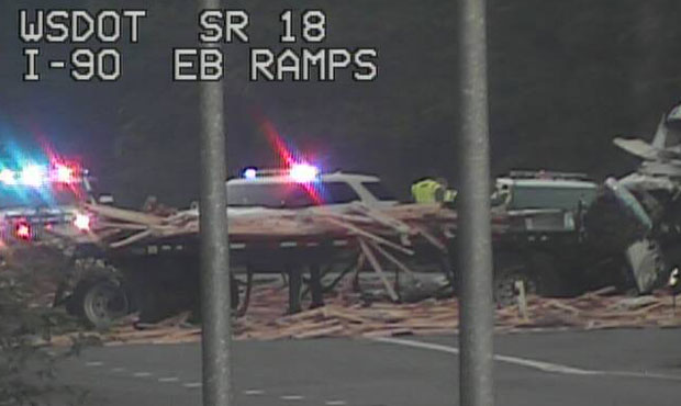 A truck hauling lumber lost its load Friday morning. (WSDOT)...