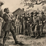 Joe Meek calls out for men to take sides in the vote to create a provisional government in the Pacific Northwest on May 2, 1843 at what’s now Champoeg, Oregon. (Courtesy Feliks Banel)