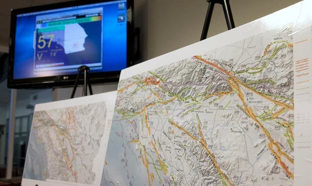 A map of earthquake faults in part of Southern California is seen as a sample of an earthquake earl...