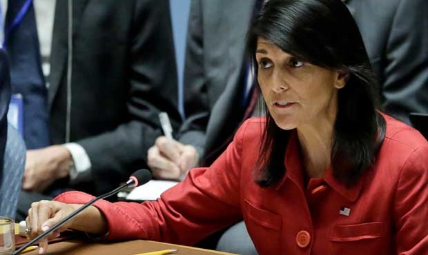 United States U.N. Ambassador Nikki Haley, respond to Russia's statements, during United Nations Se...