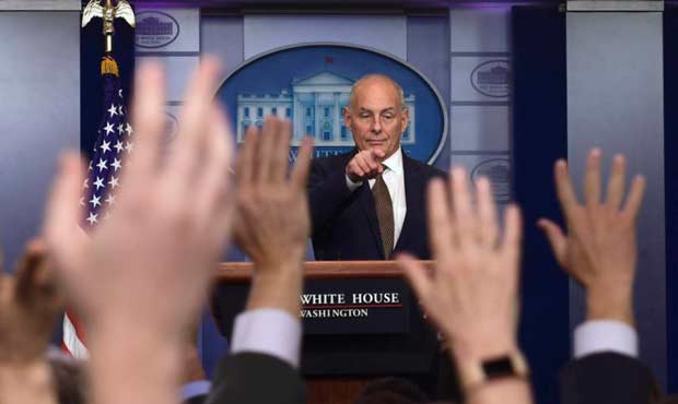 White House Chief of Staff John Kelly calls on a reporter during the daily briefing at the White Ho...