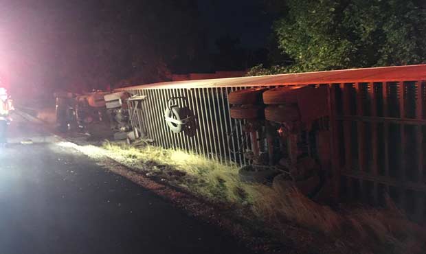 The overturned semi-truck on NB I-5 near Sea-Tac on Tuesday. (WSP)...