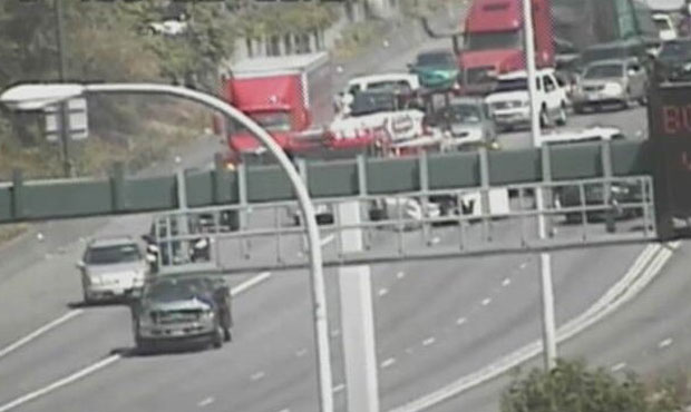 A crash blocking all southbound lanes of I-405 near SR 520 on Thursday afternoon. (WSDOT)...