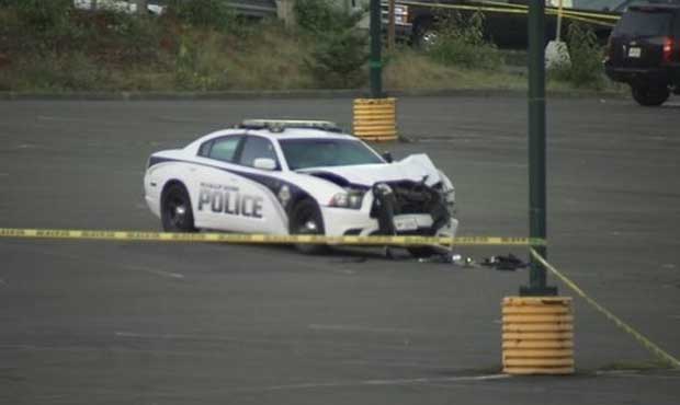  A Puyallup Tribal Police car was damaged during a shooting incident Oct. 16, 2018. (KIRO 7)