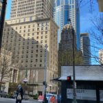 Site of the “Victory Square pylon” as it looks in April 2020. (Feliks Banel for KIRO Radio)