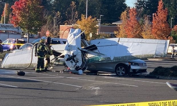 A small plane crashed into a parking lot in South Hill on Thursday evening. (Trooper Ryan Burke)...