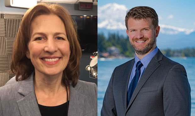 Rep. Kim Schrier (left) and challenger Jesse Jensen (right)...