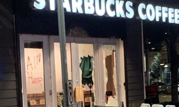 Damage to a Starbucks in Seattle's Capitol Hill neighborhood. (Photo courtesy of Seattle Police Dep...
