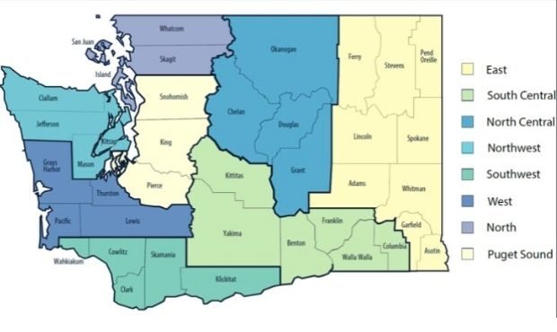 A map of the new regions for reopening in Washington state. (Department of Health)...