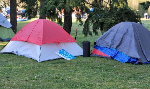 Homeless encampment at the park attached to Broadview-Tnompson K-8 has a resident with a samurai sw...