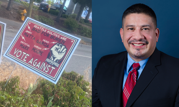 Burien Mayor Jimmy Matta claims this lawn sign is a "Burien Mayor Jimmy Matta says this law sign is...
