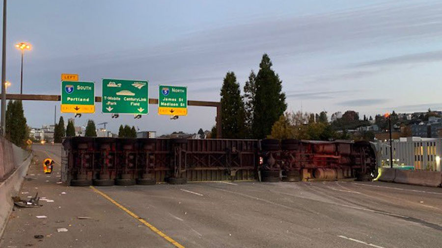 I-90 blocked, overturned semi-truck...