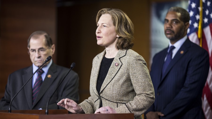 Rep. Kim Schrier (D-WA) speaks during a news conference on April 9, 2019 in Washington, DC (Getty I...