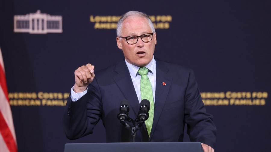 Washington state Governor Jay Inslee speaks prior to U.S. President Joe Biden's appearance at Green...