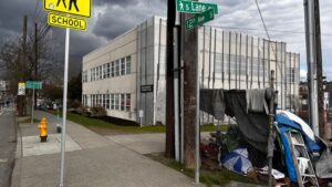 Photo: Tents and trash can now be found on just about every side of the center, along with drug paraphernalia, urine, and human feces.