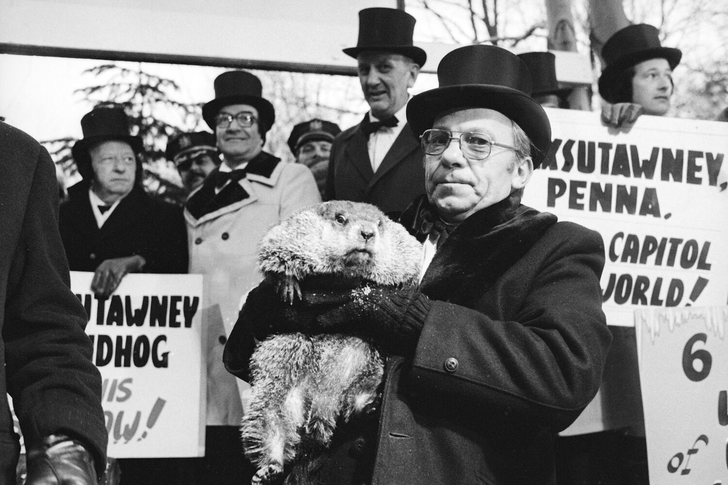 FILE - Jim Means holds up Punxsutawney Phil at daybreak, Feb. 2, 1980, in Punxsutawney, Penn., in f...