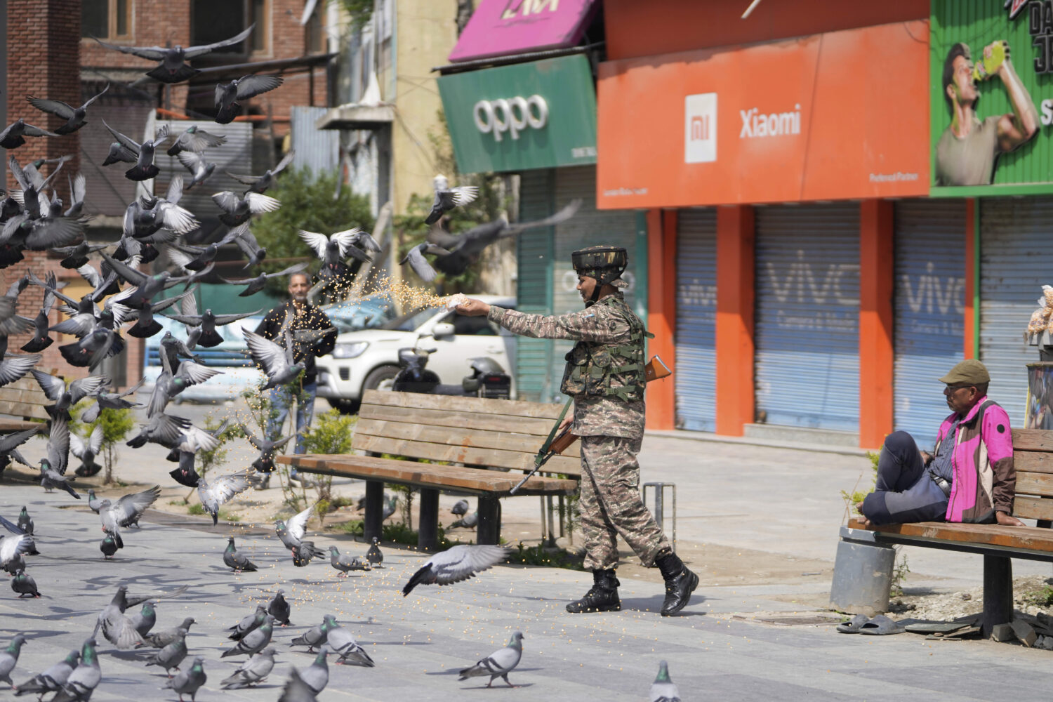 An Indian soldier feeds pigeons at a market, day after India and Pakistan agreed to a ceasefire Sat...