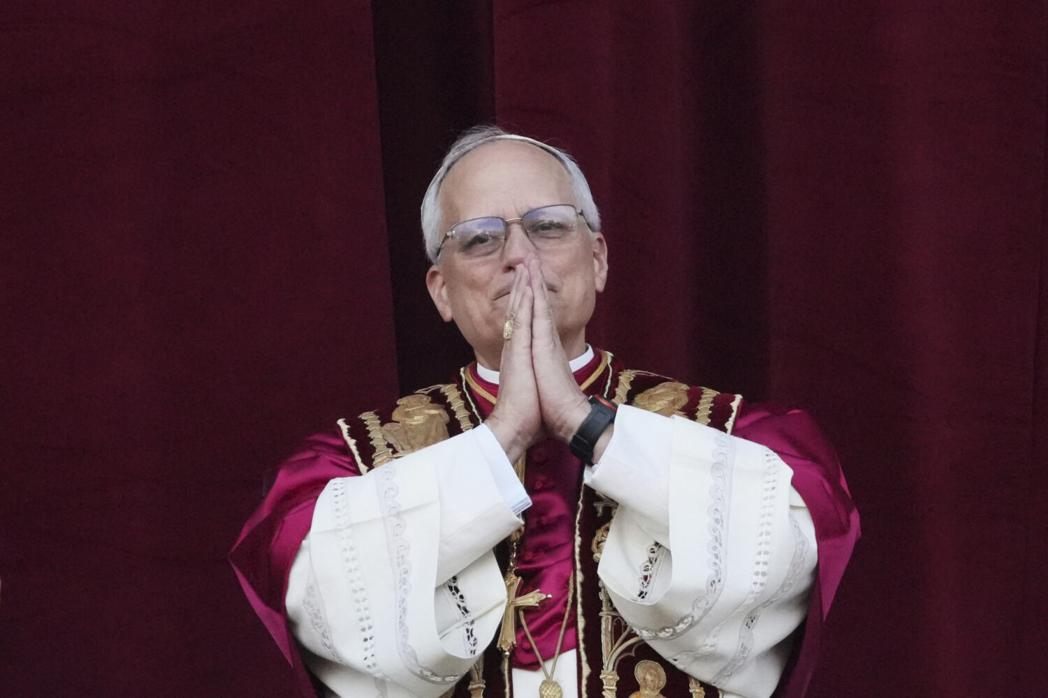 Newly elected Pope Leo XIV appears at the balcony of St. Peter's Basilica at the Vatican, Thursday,...