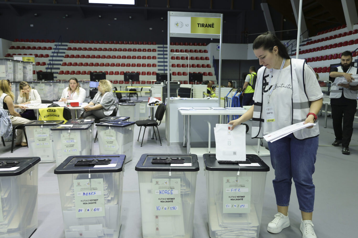 An employee handles the mail-in ballots , as Albania is heading to the polls on Sunday with Sociali...