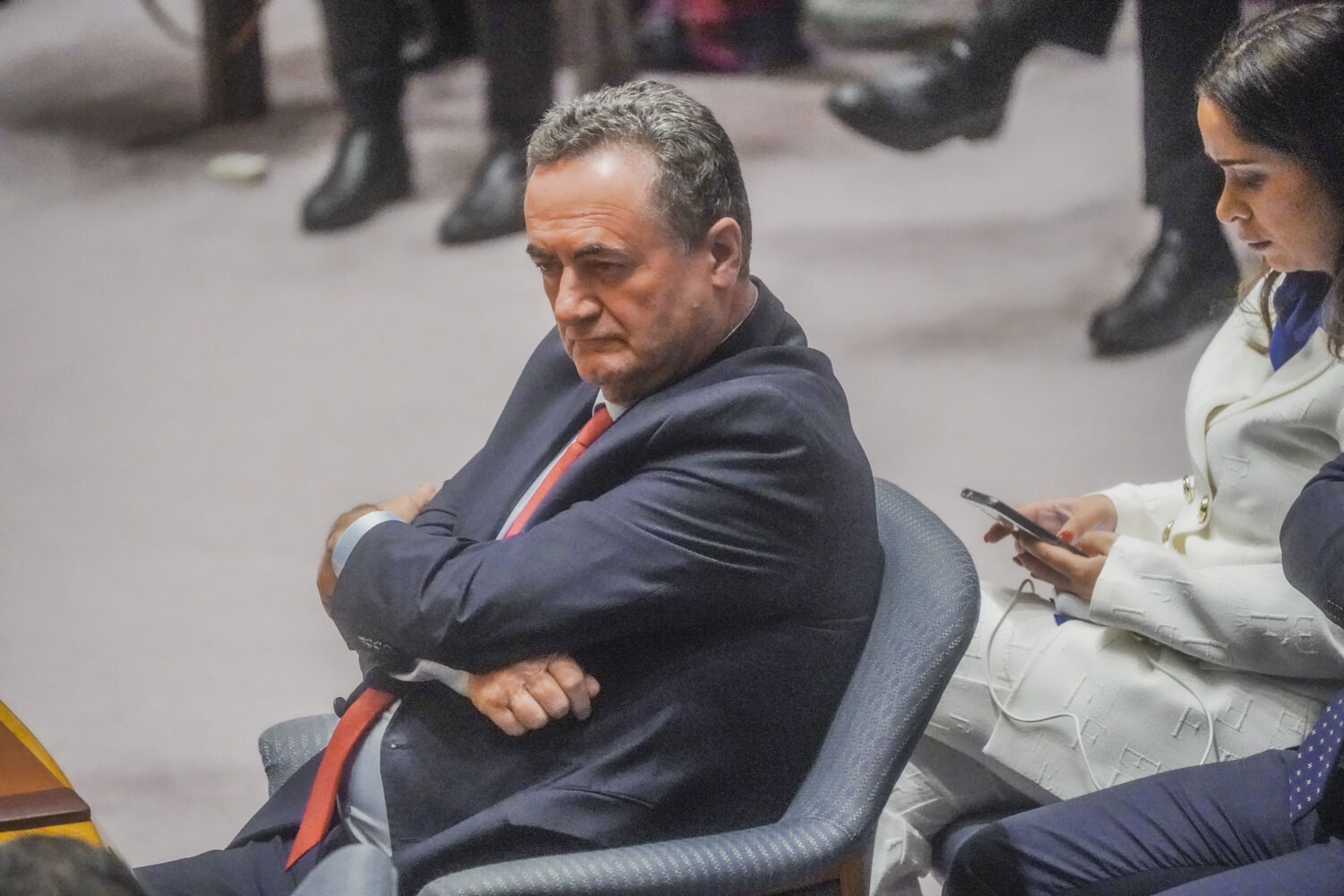 FILE - Israel's Foreign Affairs Minister Israel Katz listens during a meeting of the United Nations...