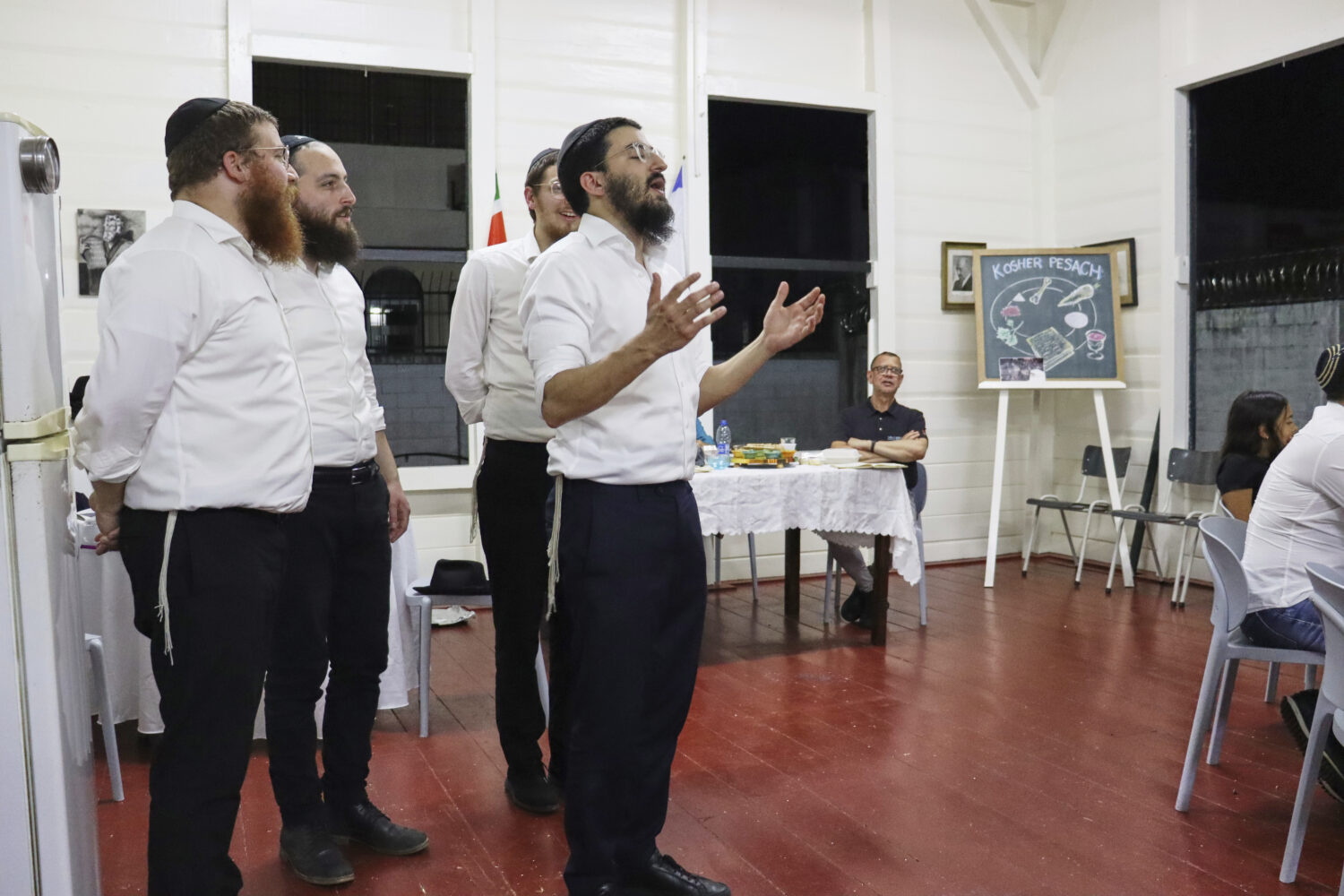 A group of American rabbis perform during Passover celebrations at the synagogue in Paramaribo, Sur...