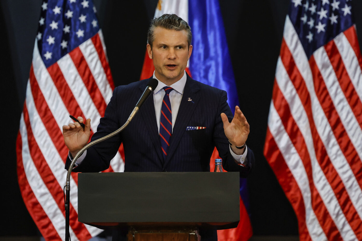 FILE - U.S. Defense Secretary Pete Hegseth holds a joint press conference with and Philippine Secre...