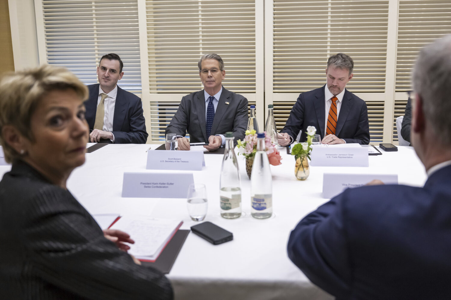 Switzerland's President Karin Keller-Sutter, US Secretary of the Treasury Scott Bessent, US Trade R...