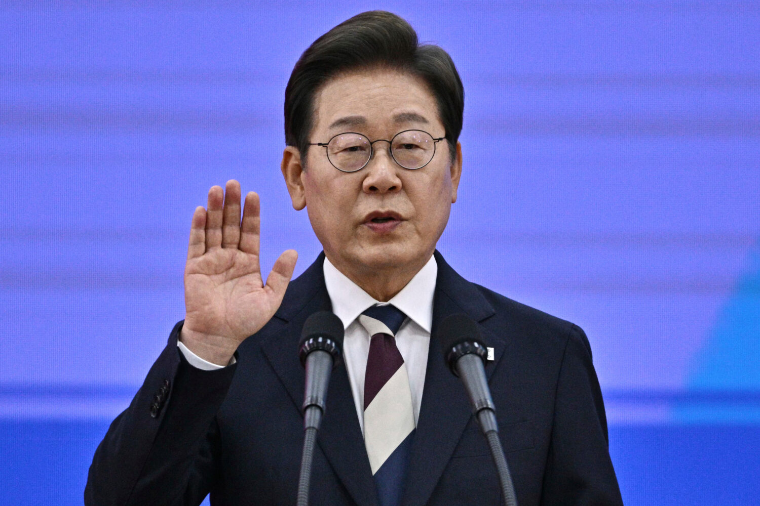 South Korea's newly-elected President Lee Jae-myung takes his oath during his inauguration ceremony...