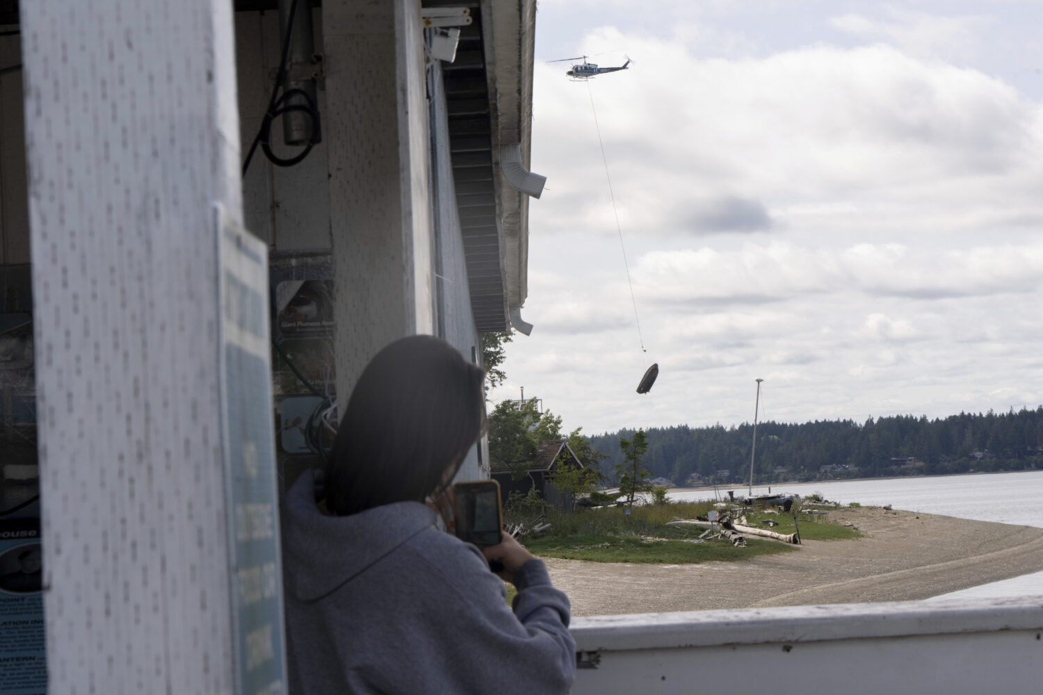 Lucy Trout, from Olympia, Wash., watches as an abandoned ship is transported to shore on Wednesday,...
