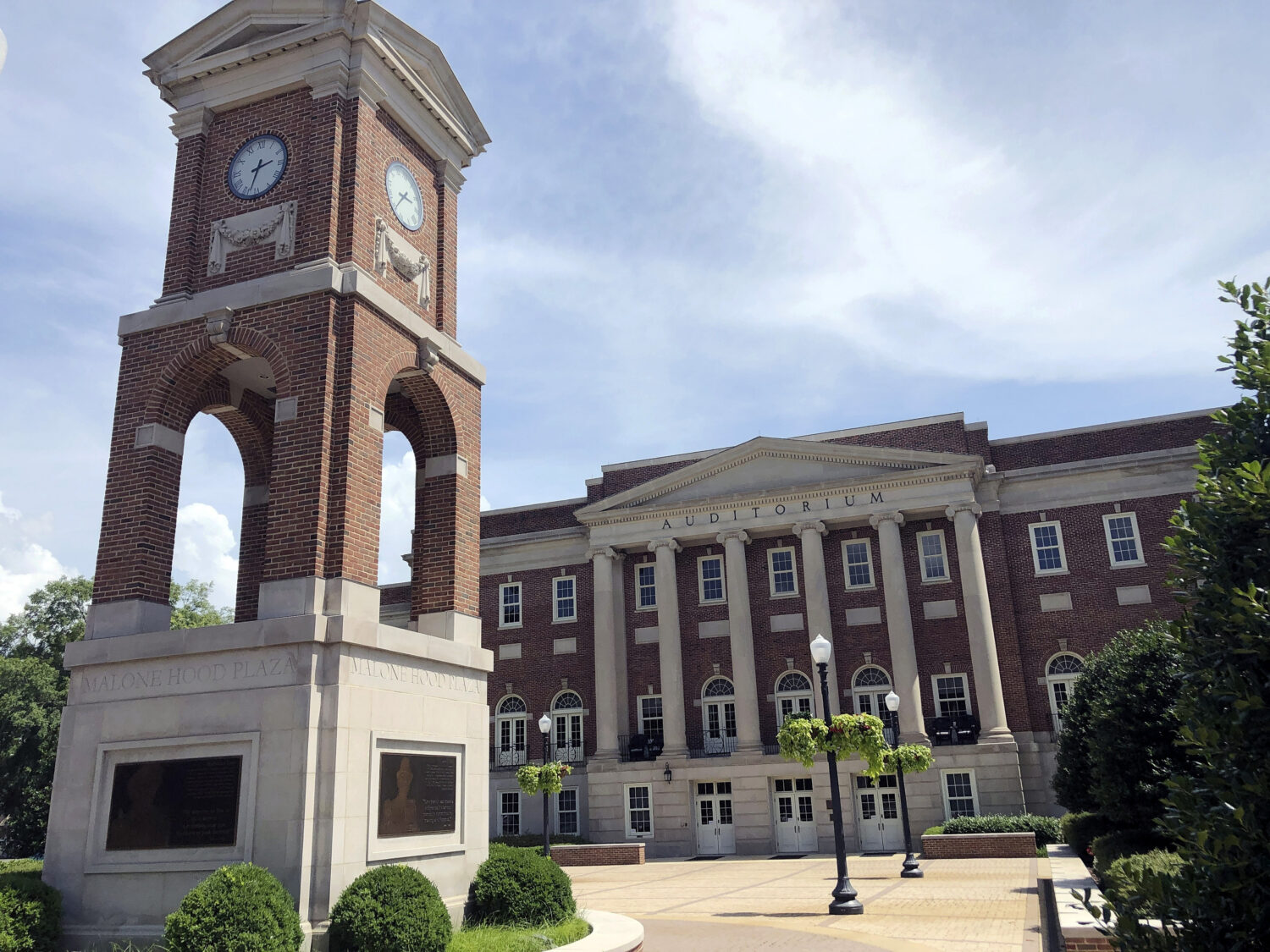 FILE - The Autherine Lucy Clock Tower at the Malone Hood Plaza stands in front of Foster Auditorium...