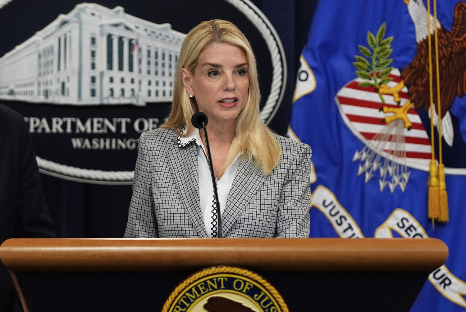Attorney General Pam Bondi speaks during a news conference about Kilmar Abrego Garcia at the Justic...