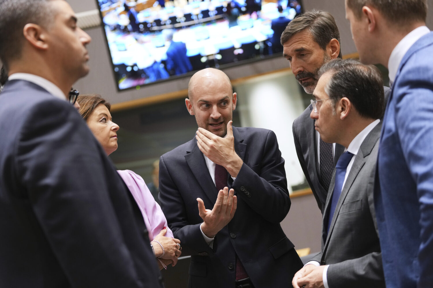French Foreign Minister Jean-Noel Barrot, center, speaks with from left, Malta's Foreign Minister I...