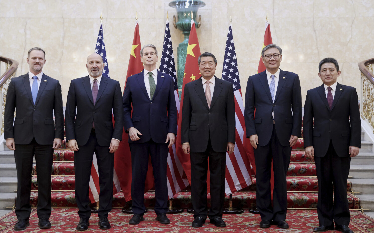 In this photo released by Xinhua News Agency, Chinese Vice Premier He Lifeng, center right, and U.S...