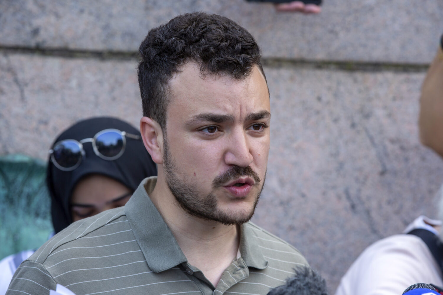 FILE - Student negotiator Mahmoud Khalil is seen at a pro-Palestinian protest encampment on the Col...