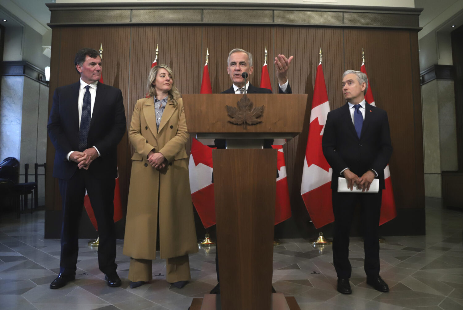 Canada Prime Minister Mark Carney speaks at a press conference while President of the King's Privy ...