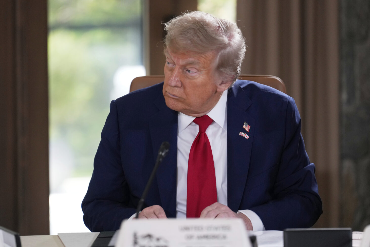 President Donald Trump participates in a session of the G7 Summit, Monday, June 16, 2025, in Kanana...