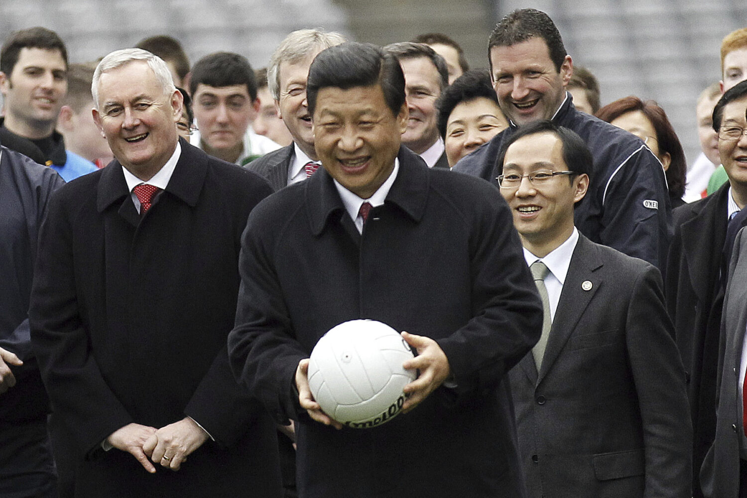 FILE - Then Vice President Xi Jinping of the People's Republic of China prepares to kick a Gaelic f...