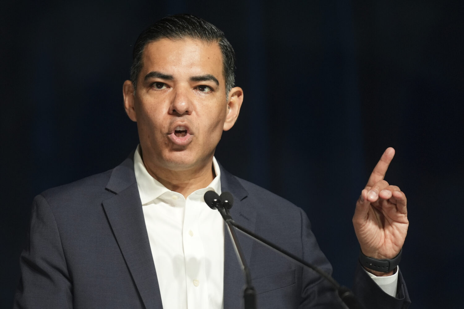 FILE - Rep. Robert Garcia, D-Calif., speaks at the California Democratic Party's 2025 State Convent...