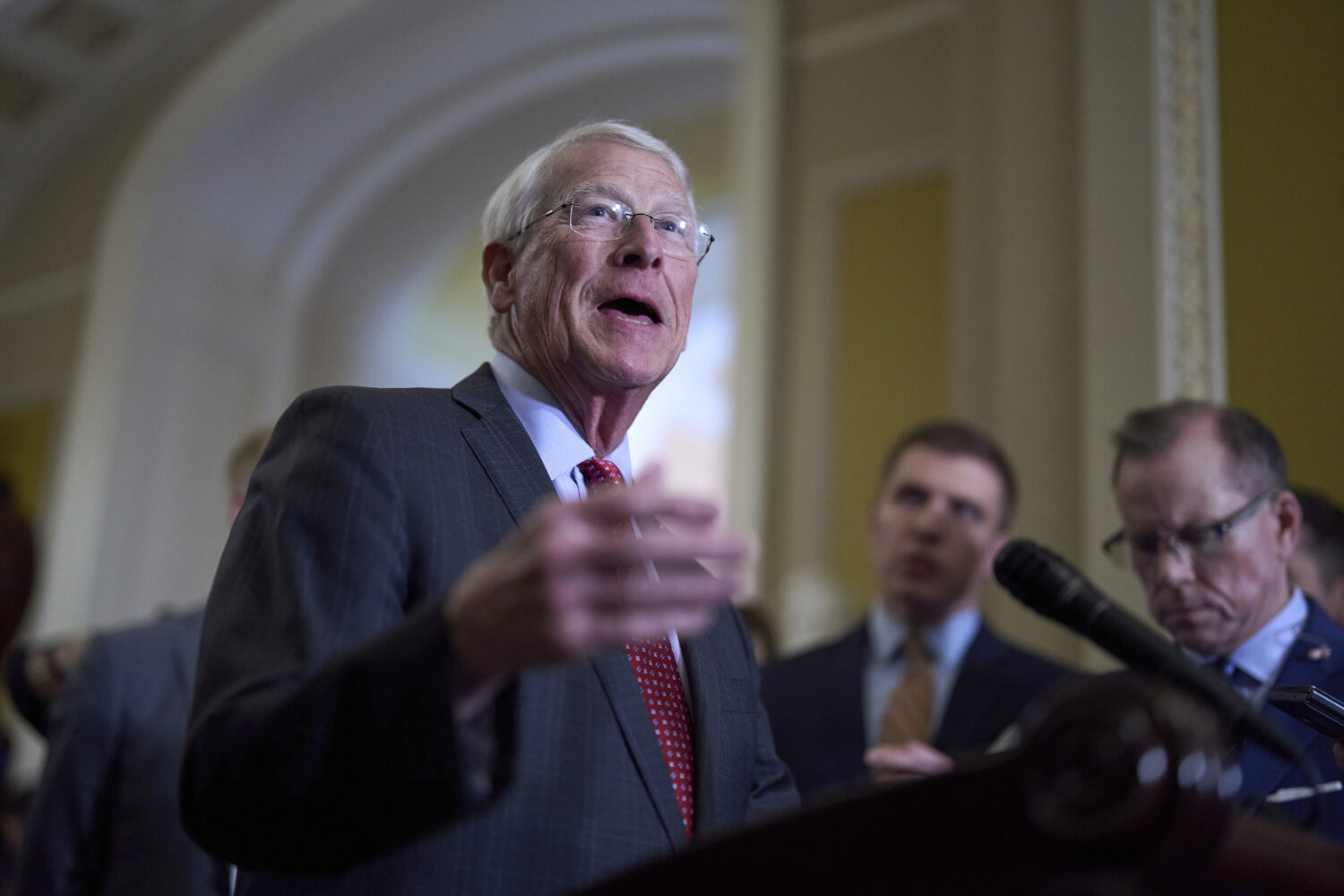 Sen. Roger Wicker, R-Miss., chairman of the Senate Armed Services Committee, speaks to reporters at...