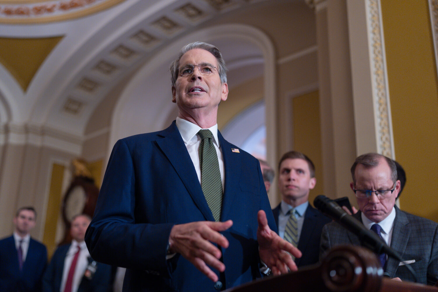 Treasury Secretary Scott Bessent talks to reporters about his lunch meeting with Republican senator...