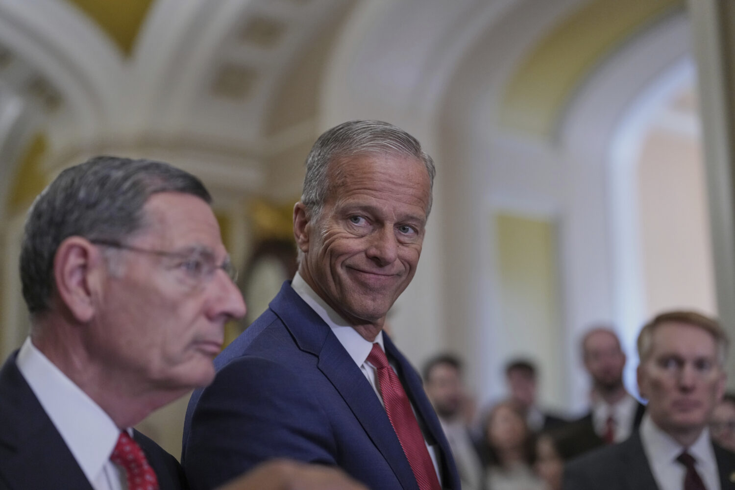Senate Majority Leader John Thune, R-S.D., joined at left by Sen. John Barrasso, R-Wyo., the GOP wh...