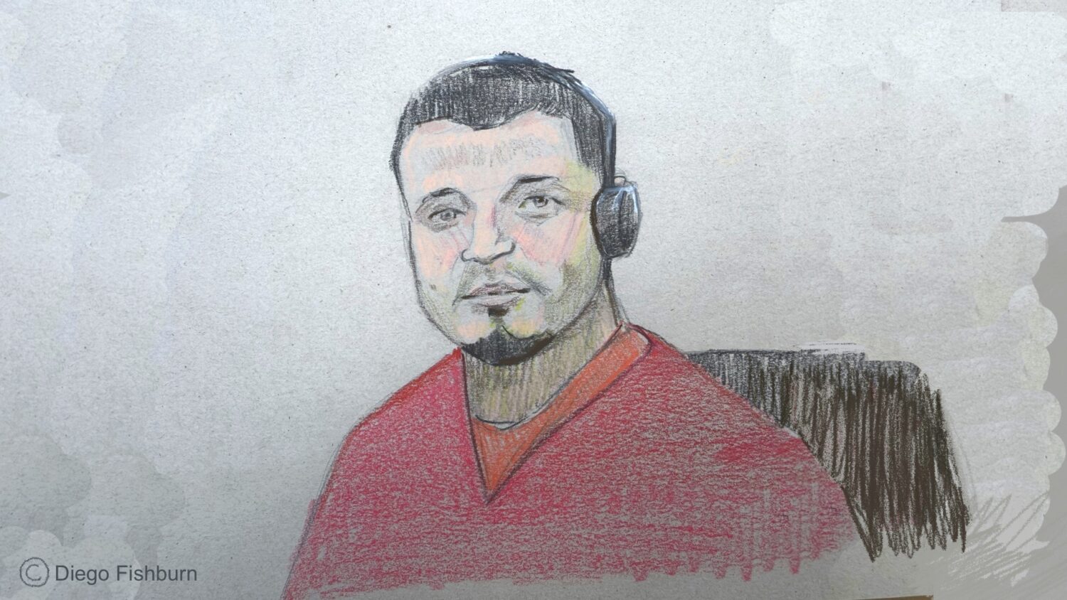 This courtroom sketch depicts Kilmar Abrego Garcia sitting in court during his detention hearing on...
