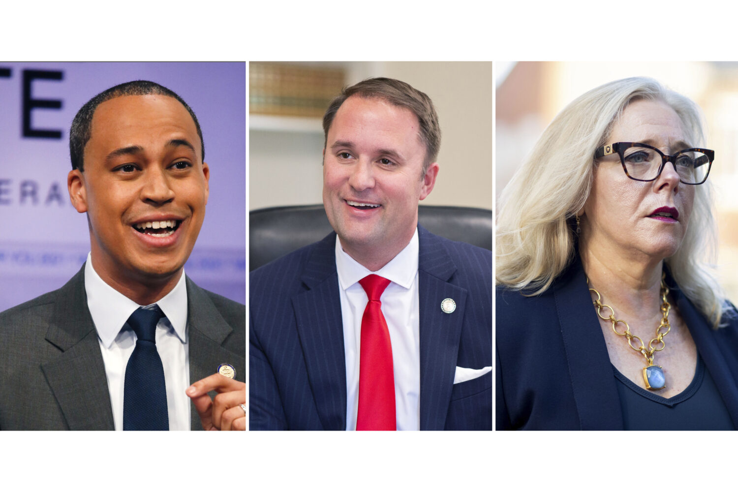 FILE - In this photo combo, from left, Del. Jay Jones, D-Norfolk, gives remarks during the Virginia...