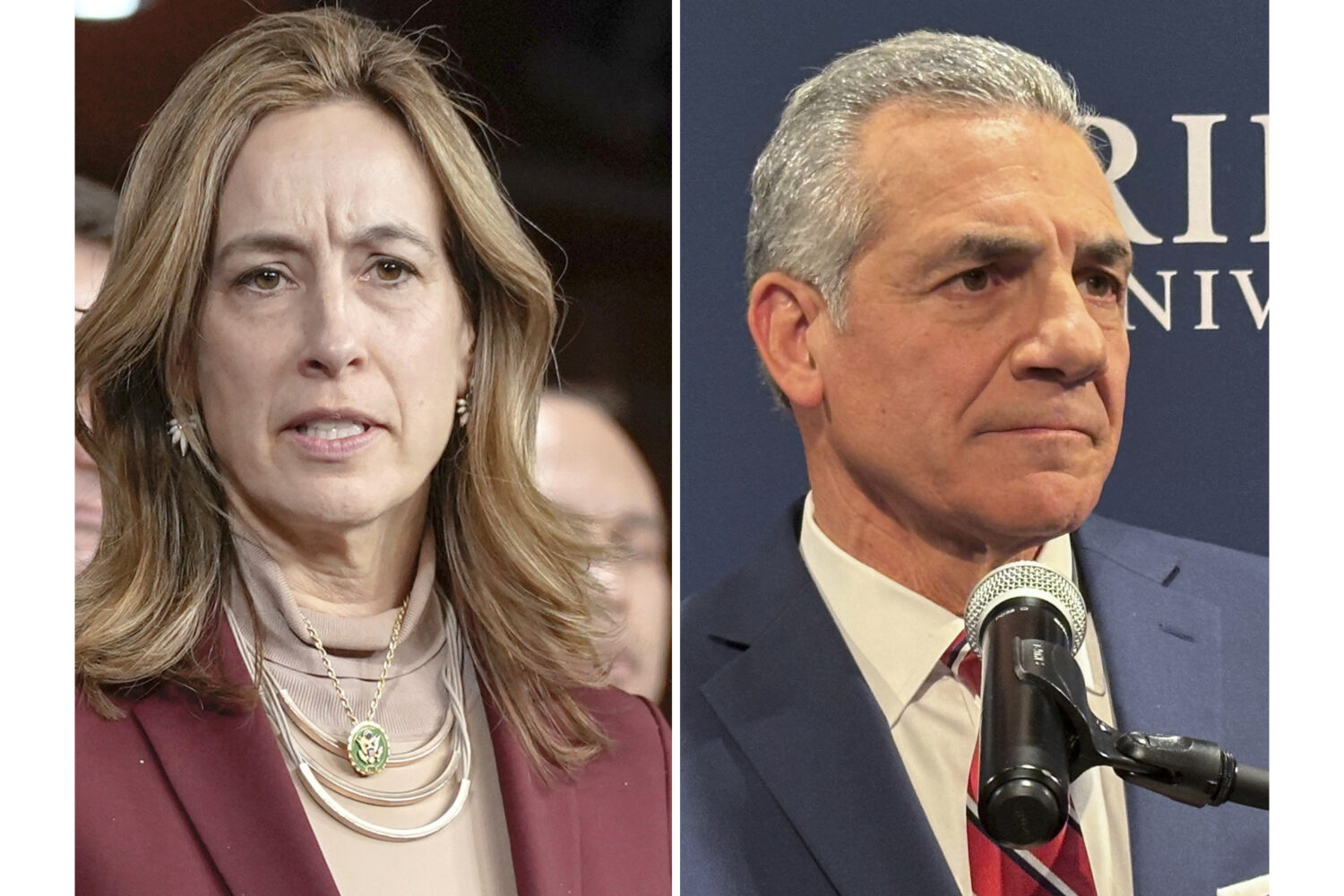 FILE - In this photo combo Rep. Mikie Sherrill, D-N.J., left, speaking during a news conference, Fe...