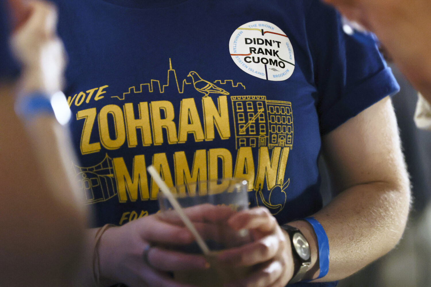 Supporters of Democratic mayoral candidate Zohran Mamdani gather for his primary election party, Tu...